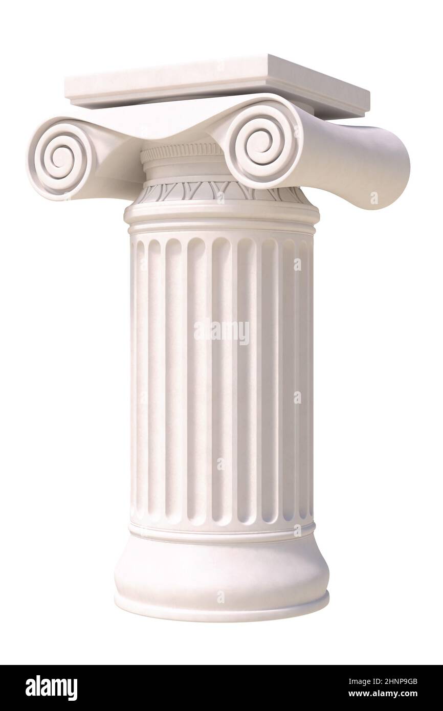 Antica colonna in stile greco. Vista laterale. Isolato su sfondo bianco. Foto Stock
