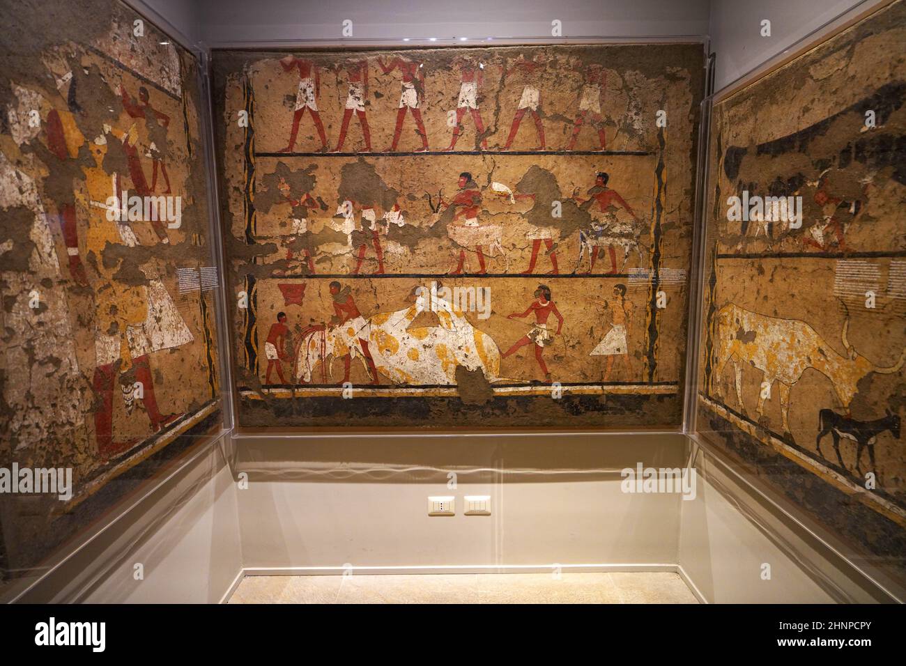 TORINO, ITALIA - 19 AGOSTO 2021: Murales e dipinti durante la civiltà egizia, Museo Egizio di Torino, Italia Foto Stock