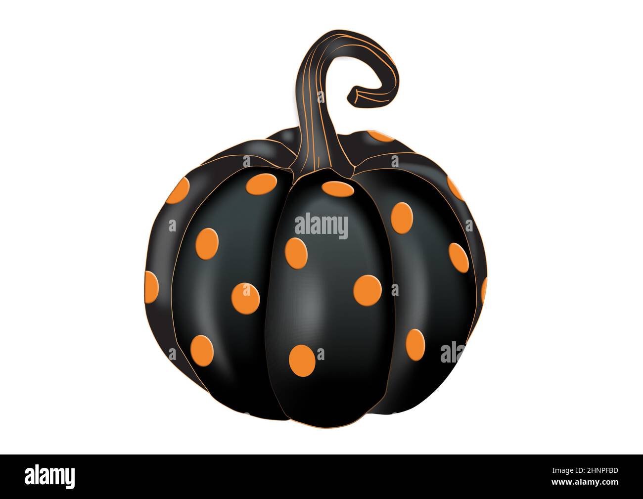 Un disegno di una zucca nera decorativa con puntini e accenti di polka arancione Foto Stock