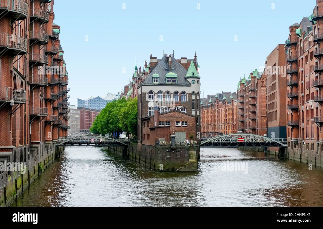 Impressione della Speicherstadt, un quartiere storico dei magazzini di Amburgo, Germania Foto Stock