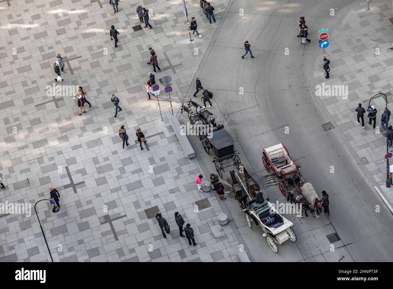 fiaker a stephans Place a Vienna aspetta i turisti per fare un giro in carrozza nella città vecchia di Vienna Foto Stock