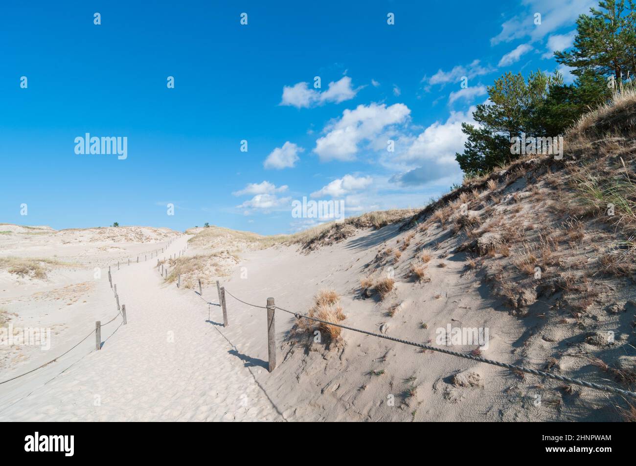 Blu cielo con poche nuvole sopra il sentiero attraverso le dune di sabbia Foto Stock