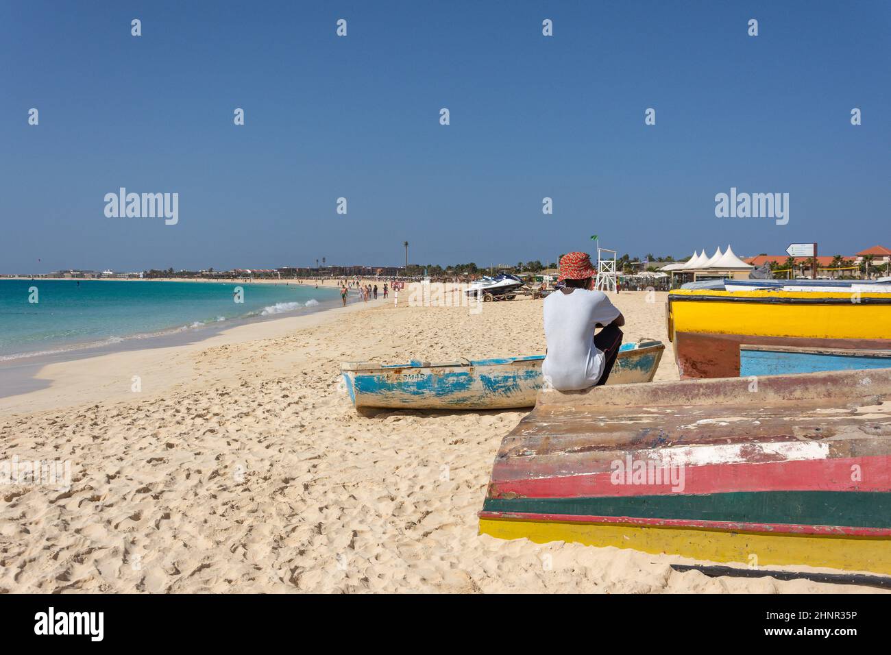 Vista sulla spiaggia, Praia Santa Maria, Santa Maria, SAL, República de Cabo (Capo Verde) Foto Stock