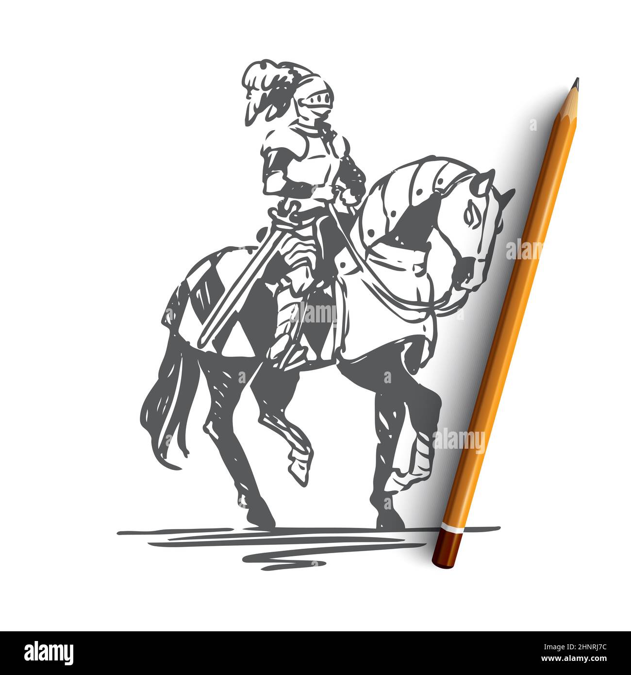 Cavaliere, cavallo, medievale, carattere, armature concetto. Cavaliere antico disegnato a mano vestito in corazza su disegno concettuale cavaliere. Illustrazione vettoriale isolata. Foto Stock