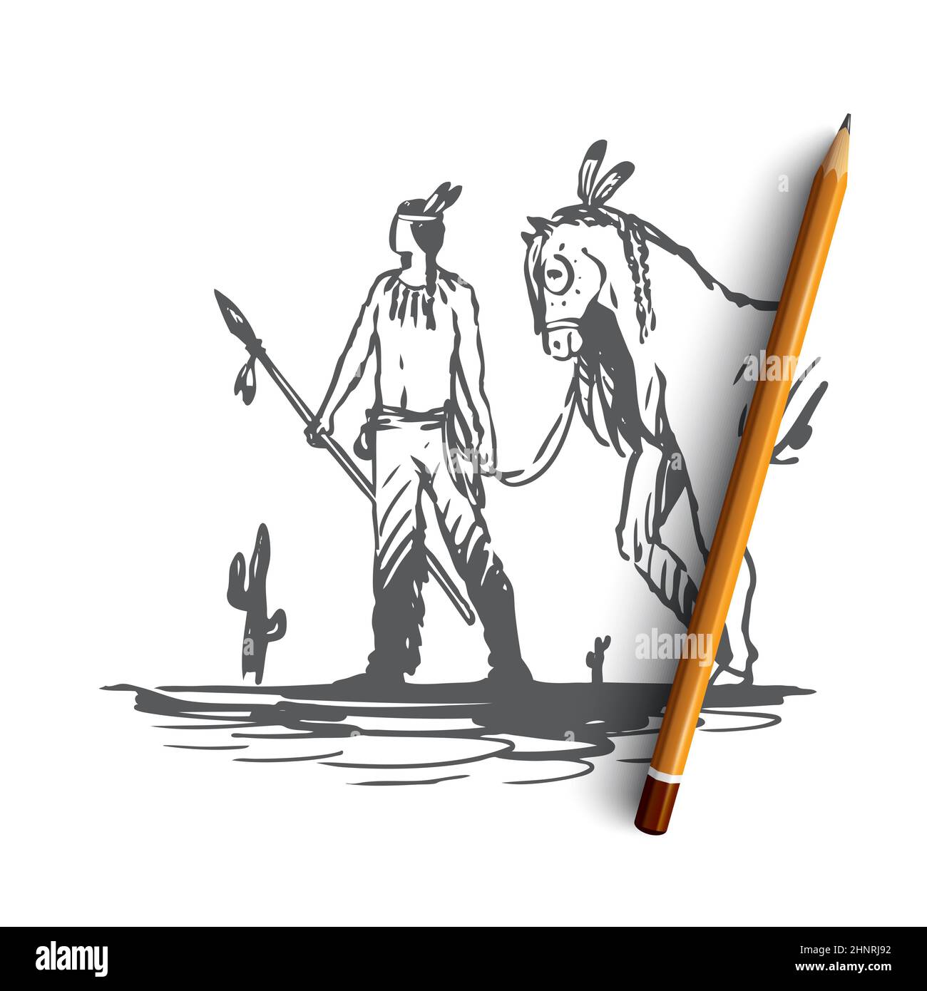 Selvatico, occidentale, indiano, cavallo, concetto di cultura. Un uomo indiano disegnato a mano con un disegno di concetto di arma e cavallo. Illustrazione vettoriale isolata. Foto Stock