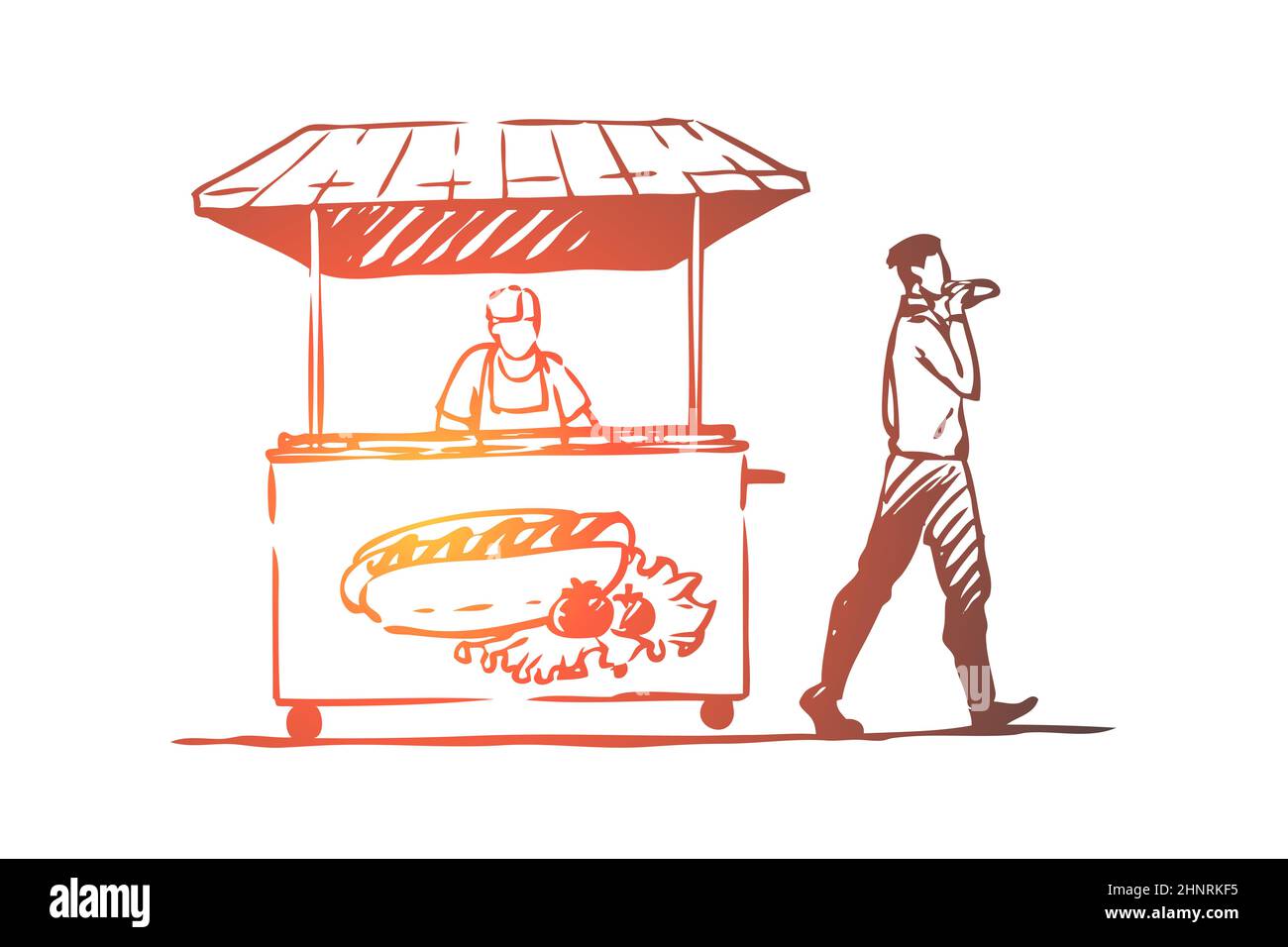 Hot dog, fast food, chiosco, Street concept. Uomo disegnato a mano che mangia hot dog nello schizzo di concetto di strada. Illustrazione vettoriale isolata. Foto Stock