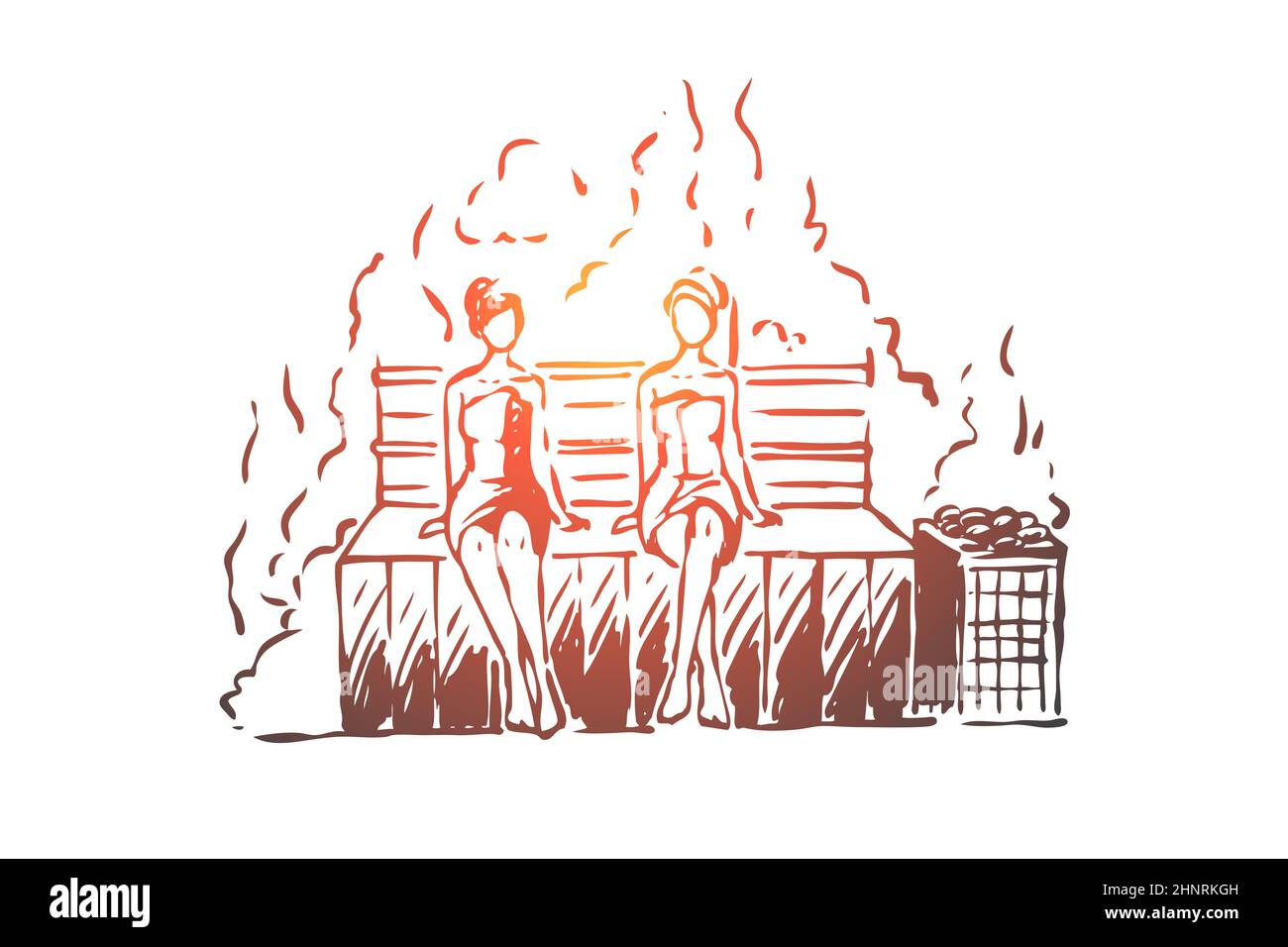 Sauna, finlandese, tempo libero, calda, concetto spa. Le donne disegnate a mano si rilassano nella sauna finlandese di legno. Schizzo del concetto di terapia di rilassamento. Vettore isolato illus Foto Stock