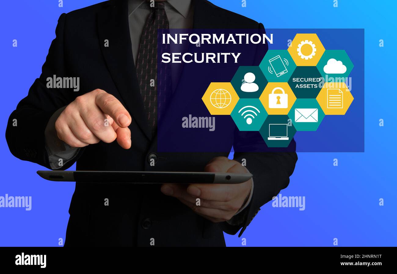 Concetto di sicurezza delle informazioni e immagini illustrative. Uomo d'affari che tiene un tablet o un telefono guardando uno schermo che visualizza informazioni relative alla sicurezza Foto Stock
