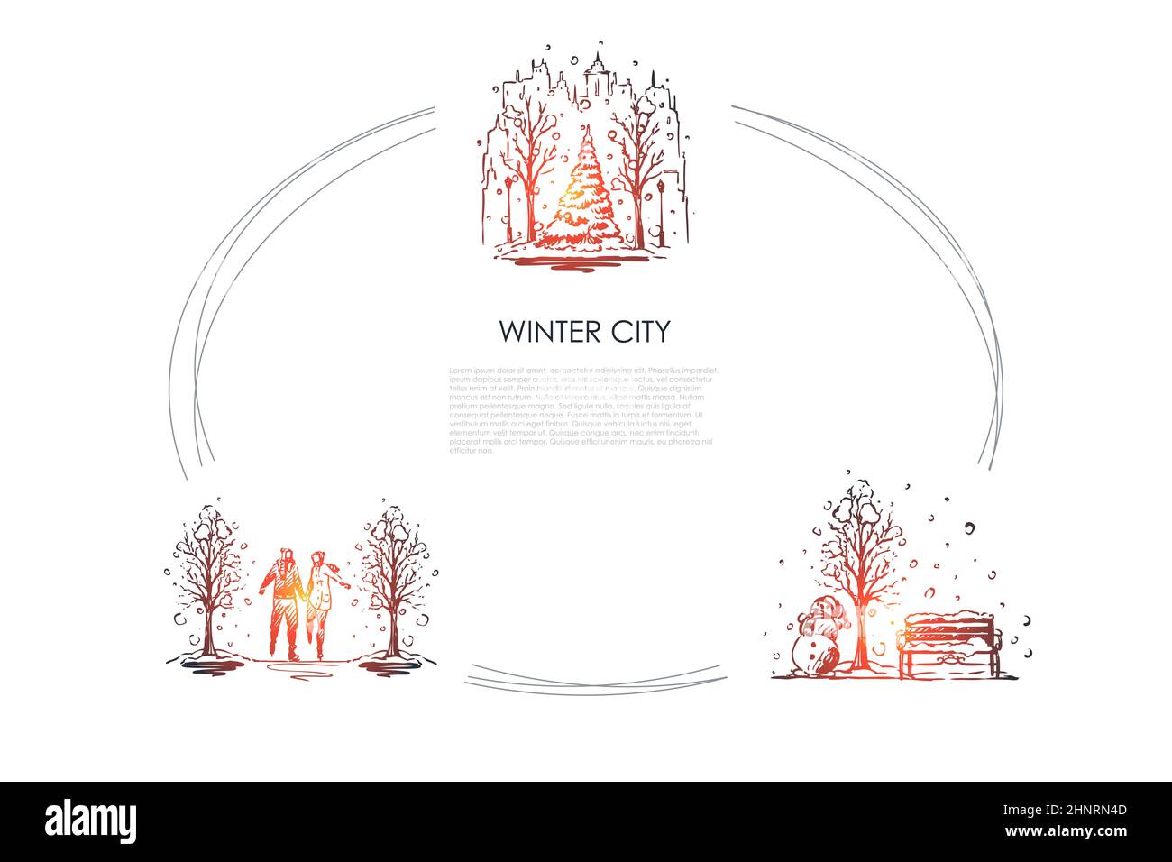 Città d'inverno - paesaggi urbani sotto la nevicata e persone che camminano nel parco invernale concetto vettoriale set. Illustrazione isolata dello schizzo disegnata a mano Foto Stock