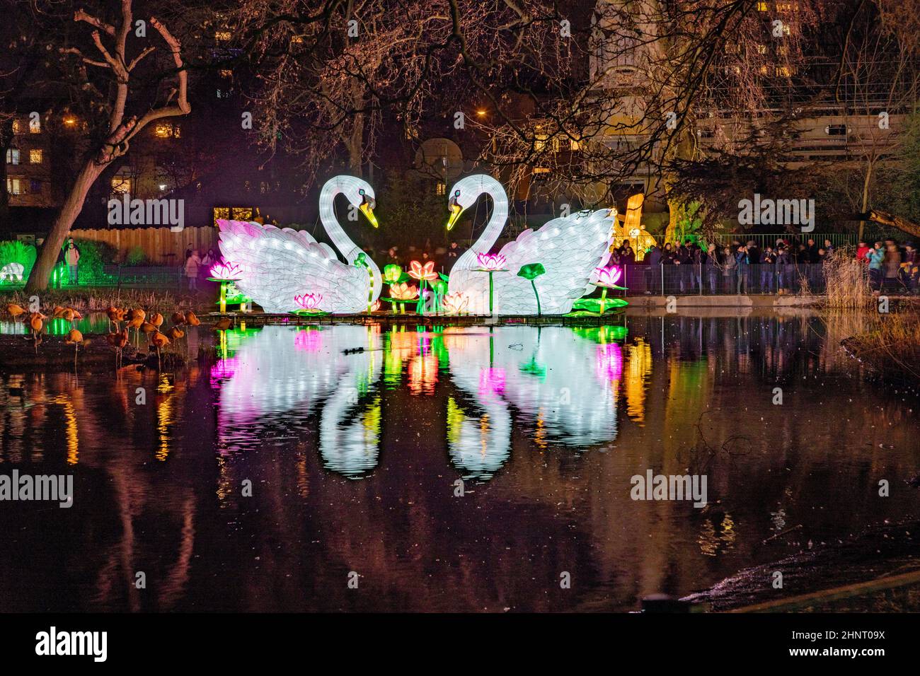CHINA LIGHT-FESTIVAL allo Zoo di Colonia con molti animali fatti di lampadine e tecniche di illuminazione cinese. Foto Stock