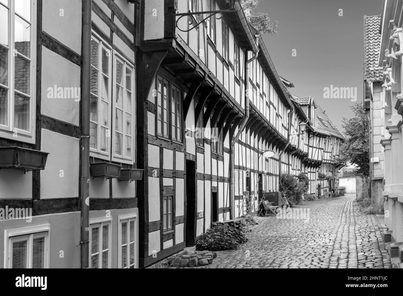 Scenografica case a graticcio nella città di Detmold in via Adolfs in Germania Foto Stock