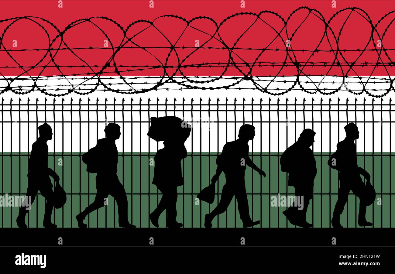 Bandiera ungherese. Rifugiati vicino alla recinzione di filo spinato. I migranti migrano in altri paesi. -- Foto Stock