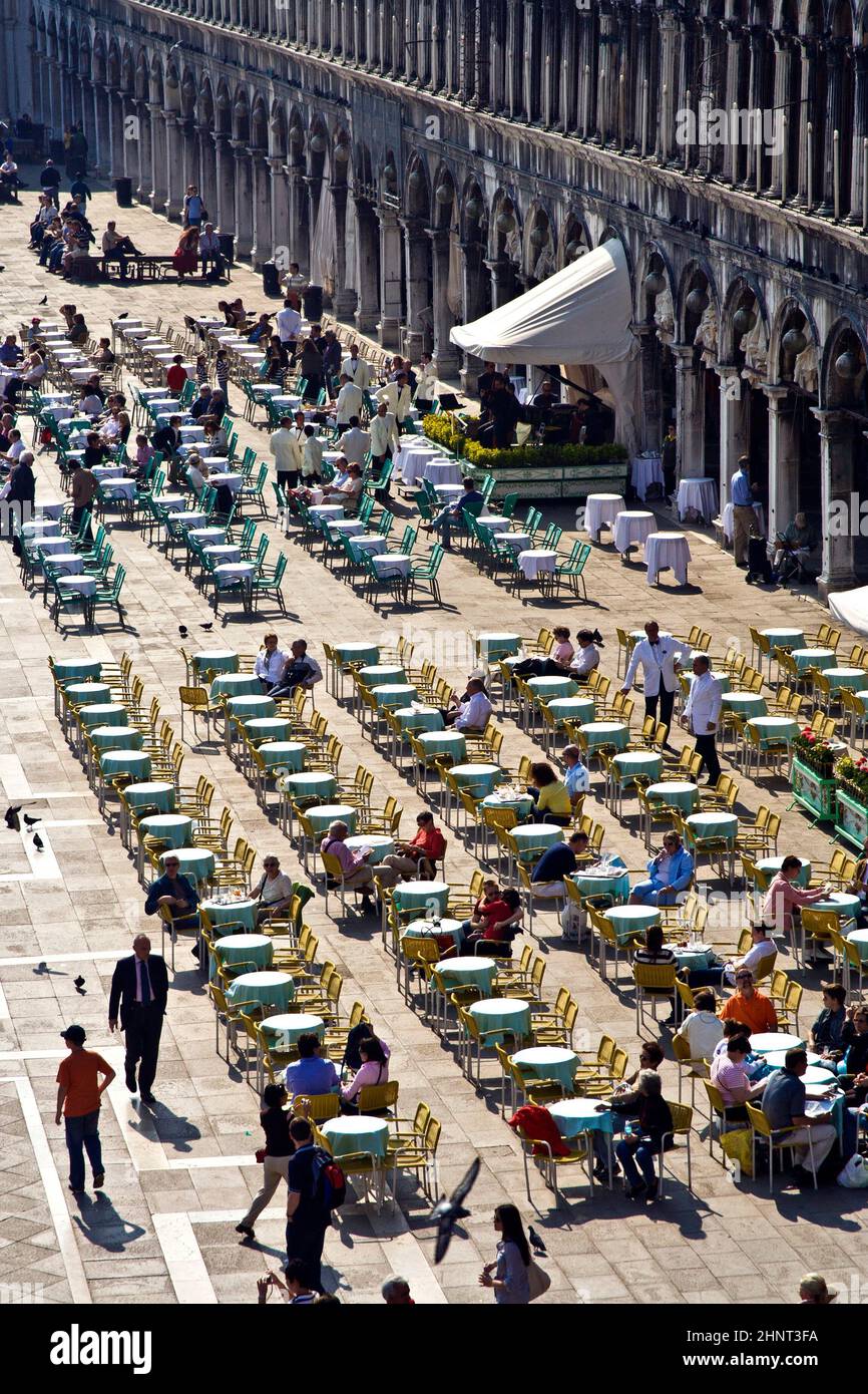 Gli ouristi in piazza San Marco nutrono un grande gregge di piccioni Foto Stock
