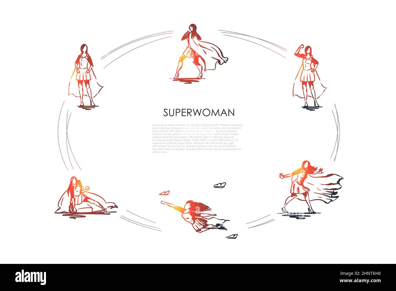 Superwoman - donna in costume superman e in alto talloni che volano, lottando e mostrando il suo insieme vettoriale di potenza. Schizzo disegnato a mano, illus isolato Foto Stock
