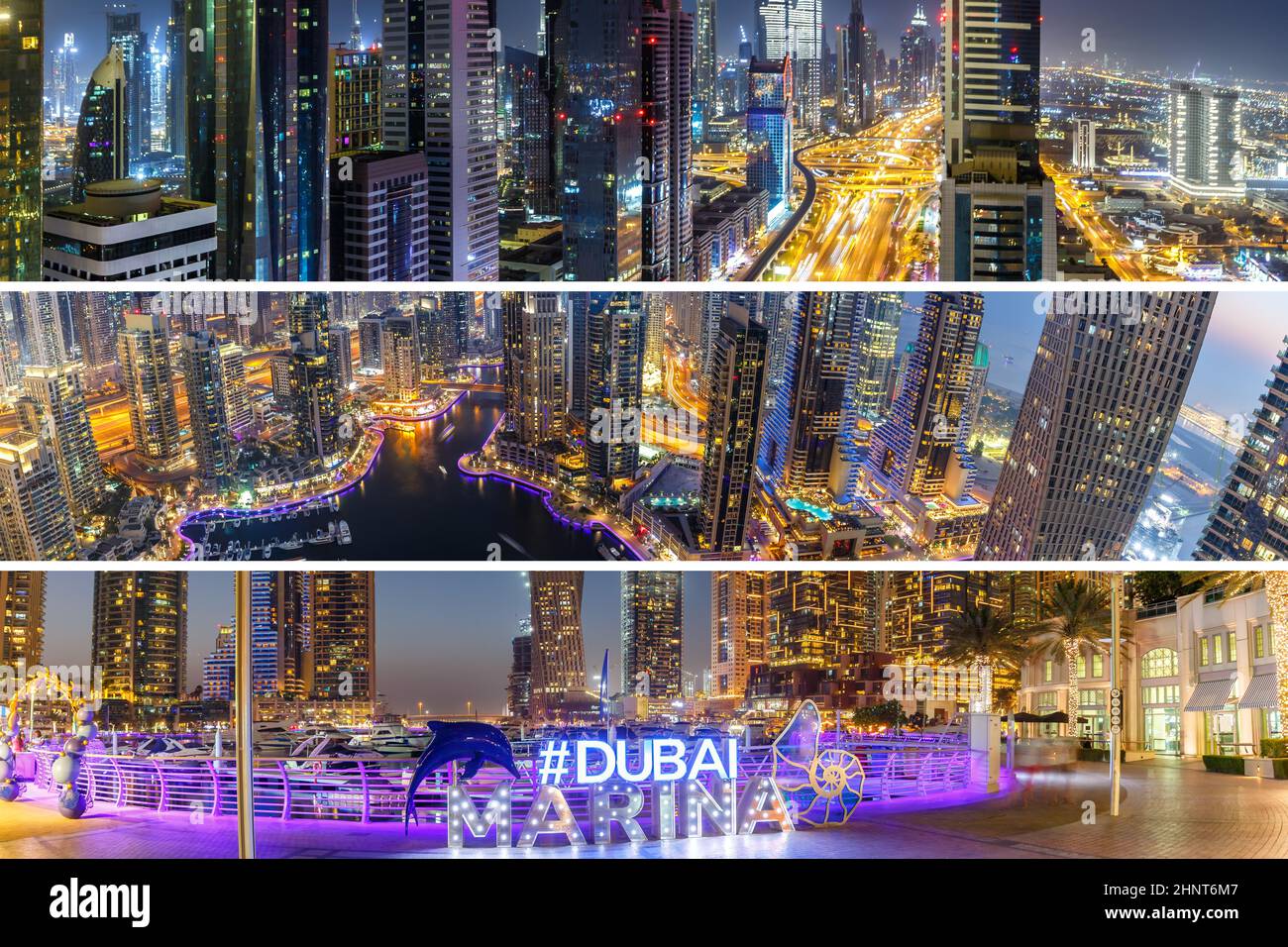 Dubai Marina e Harbour collage collezione skyline architettura ricchezza viaggio di lusso negli Emirati Arabi Uniti di notte Foto Stock
