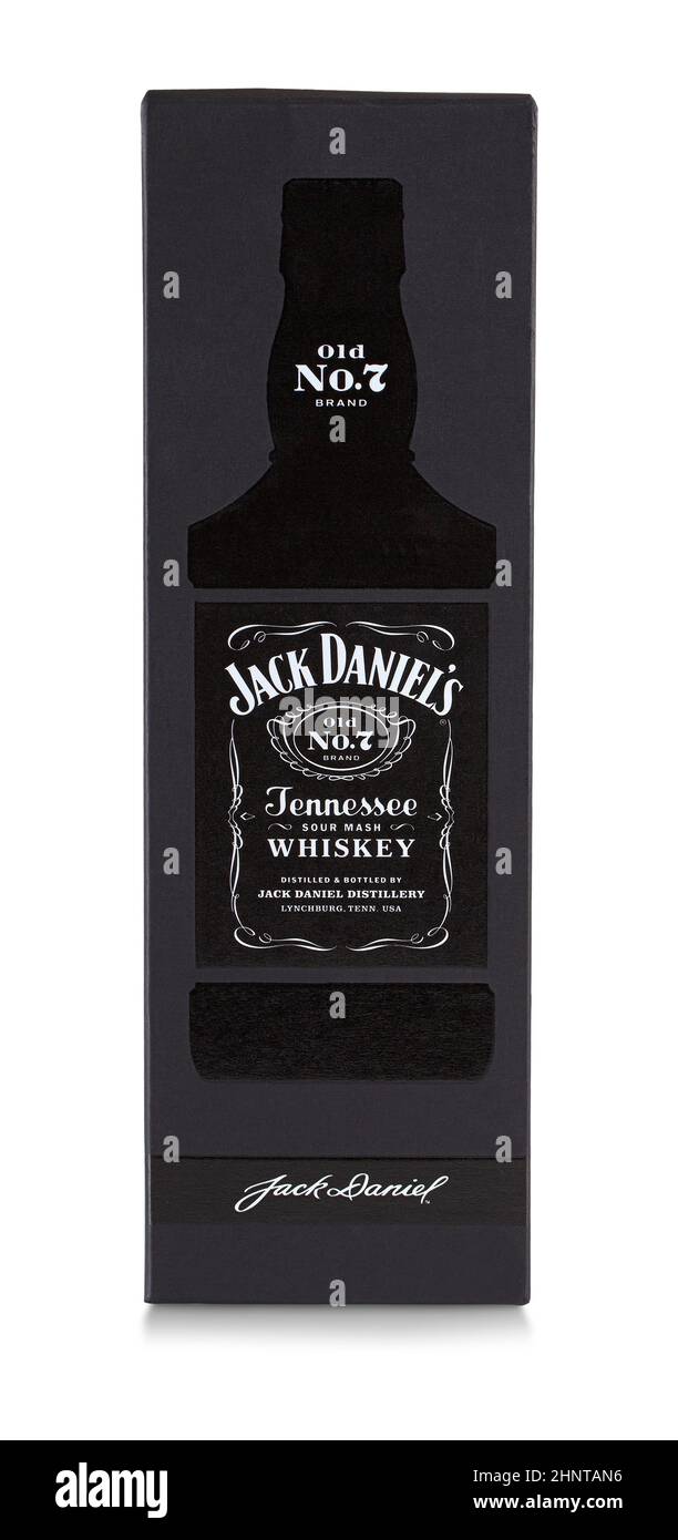 Jack Daniels Tennessee Whiskey barile singolo selezionare scatola su sfondo isolato. Foto Stock