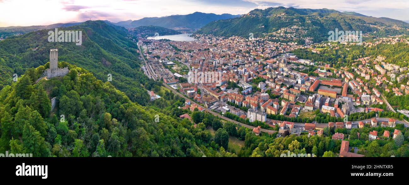 Città di Como e torre Baradello vista panoramica aerea, Lombardia regione d'Italia Foto Stock