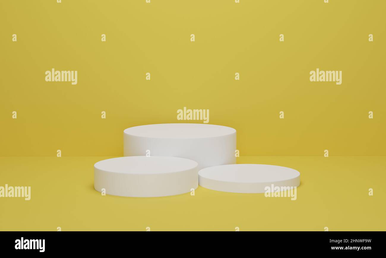 Podio cilindrico bianco su sfondo giallo scena minimale con plateau geometrico giallo. Podio per esposizione prodotti. rappresentazione 3d, illustrazione 3d Foto Stock