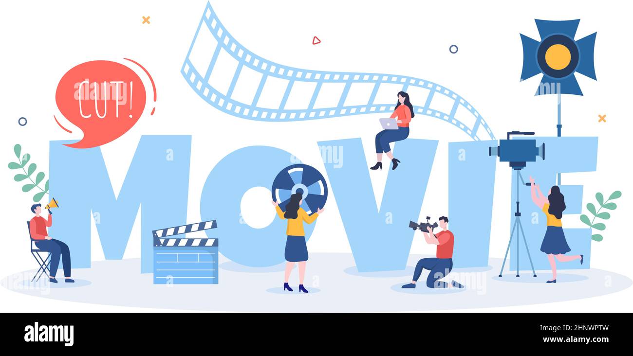 Movie Studio with Camera Crew Team persone, Directur, luci, microfono su scena ripresa posizione per fare film in disegno piano sfondo Illustrat Illustrazione Vettoriale