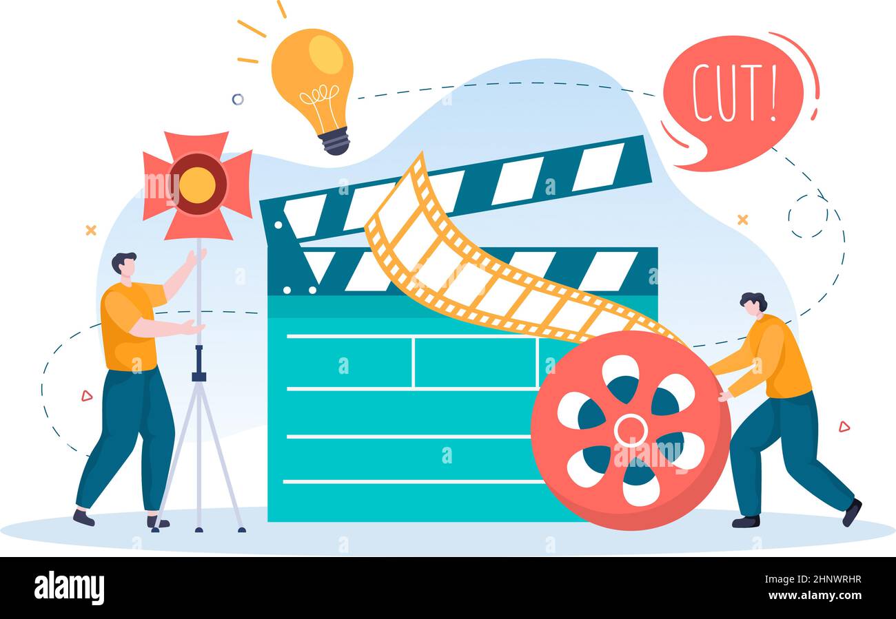 Movie Studio with Camera Crew Team persone, Directur, luci, microfono su scena ripresa posizione per fare film in disegno piano sfondo Illustrat Illustrazione Vettoriale