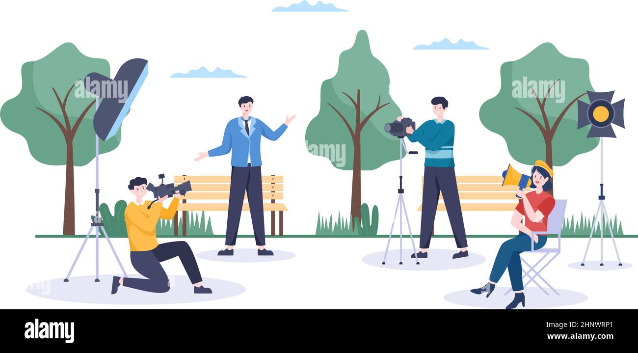 Movie Studio with Camera Crew Team persone, Directur, luci, microfono su scena ripresa posizione per fare film in disegno piano sfondo Illustrat Illustrazione Vettoriale
