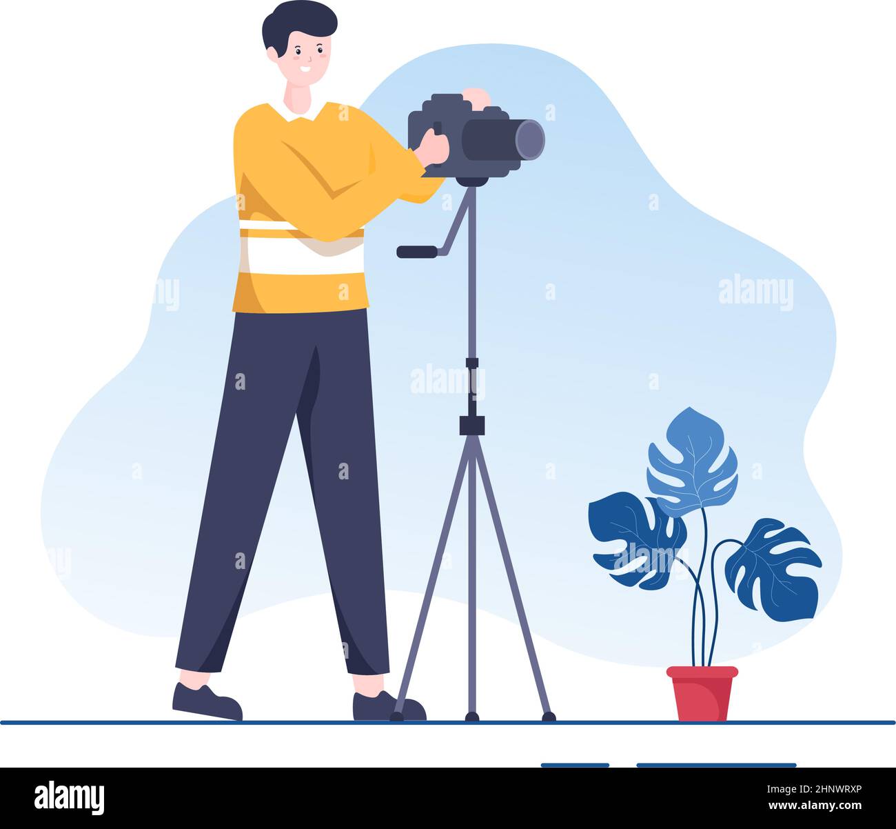 Movie Studio with Camera Crew Team persone, Directur, luci, microfono su scena ripresa posizione per fare film in disegno piano sfondo Illustrat Illustrazione Vettoriale