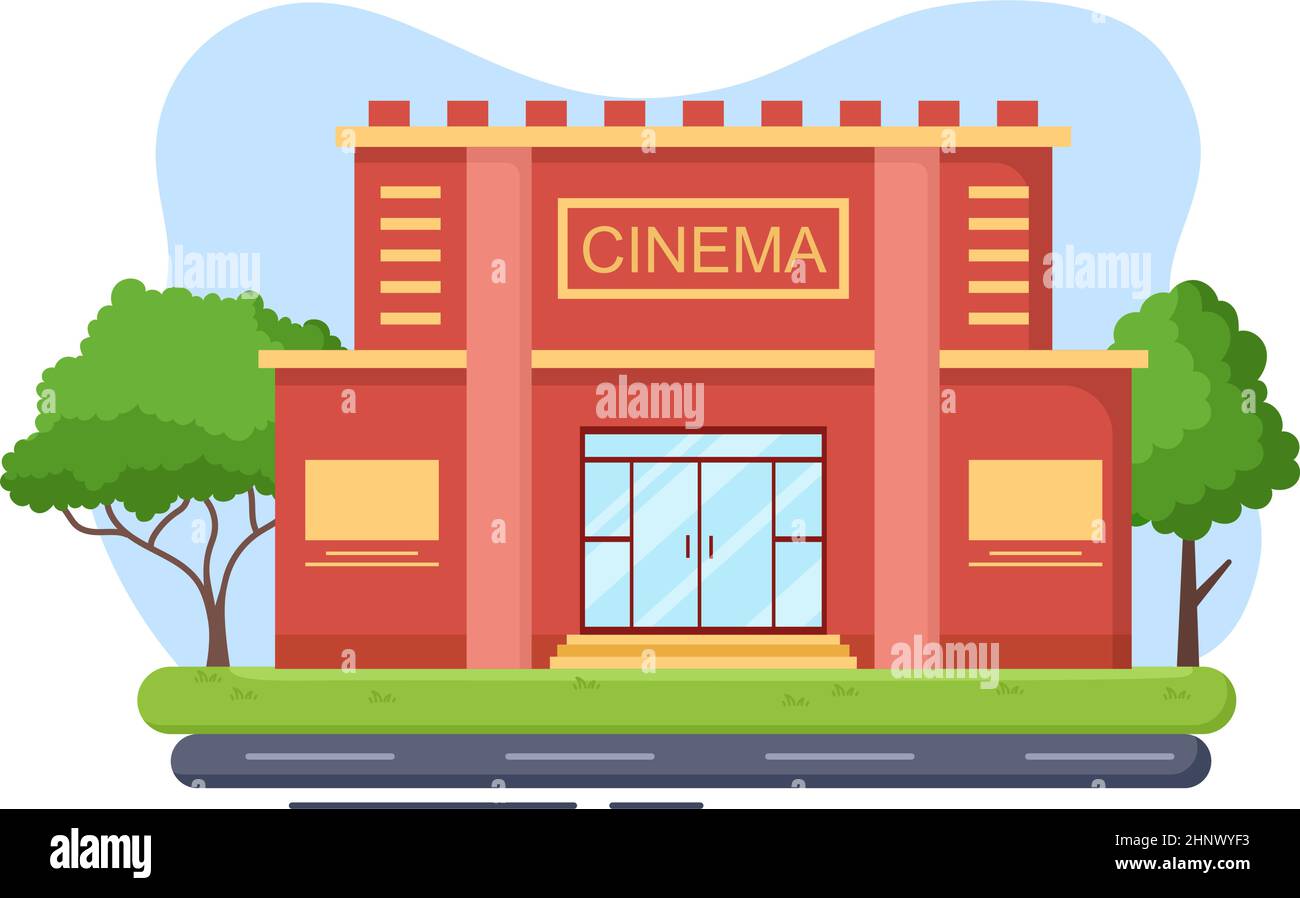 Cinema Building o Movie Theatre per l'industria dell'intrattenimento moderno, relax, visione di un film e spettacolo in Flat Design background Illustration Illustrazione Vettoriale