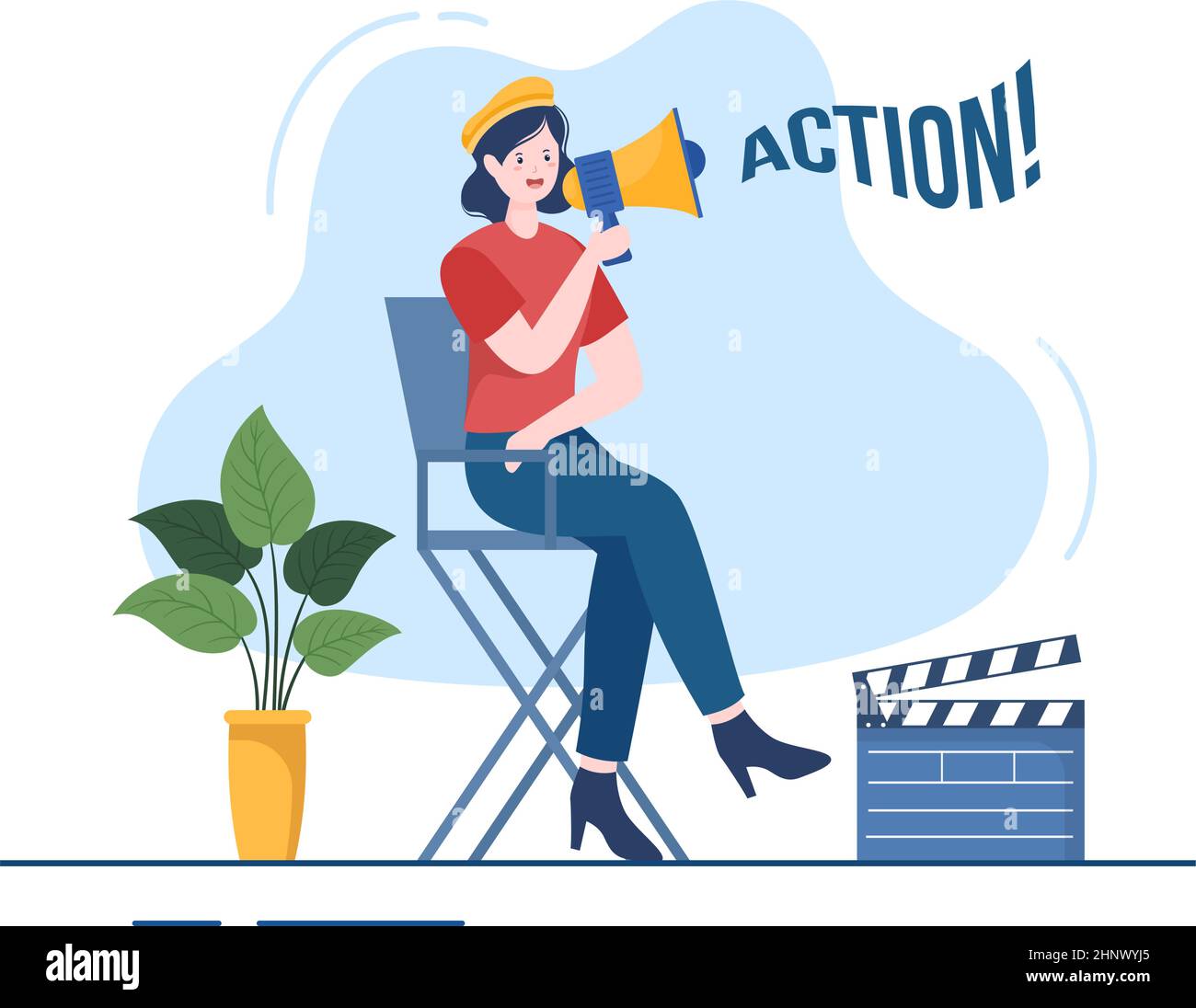 Movie Studio with Camera Crew Team persone, Directur, luci, microfono su scena ripresa posizione per fare film in disegno piano sfondo Illustrat Illustrazione Vettoriale