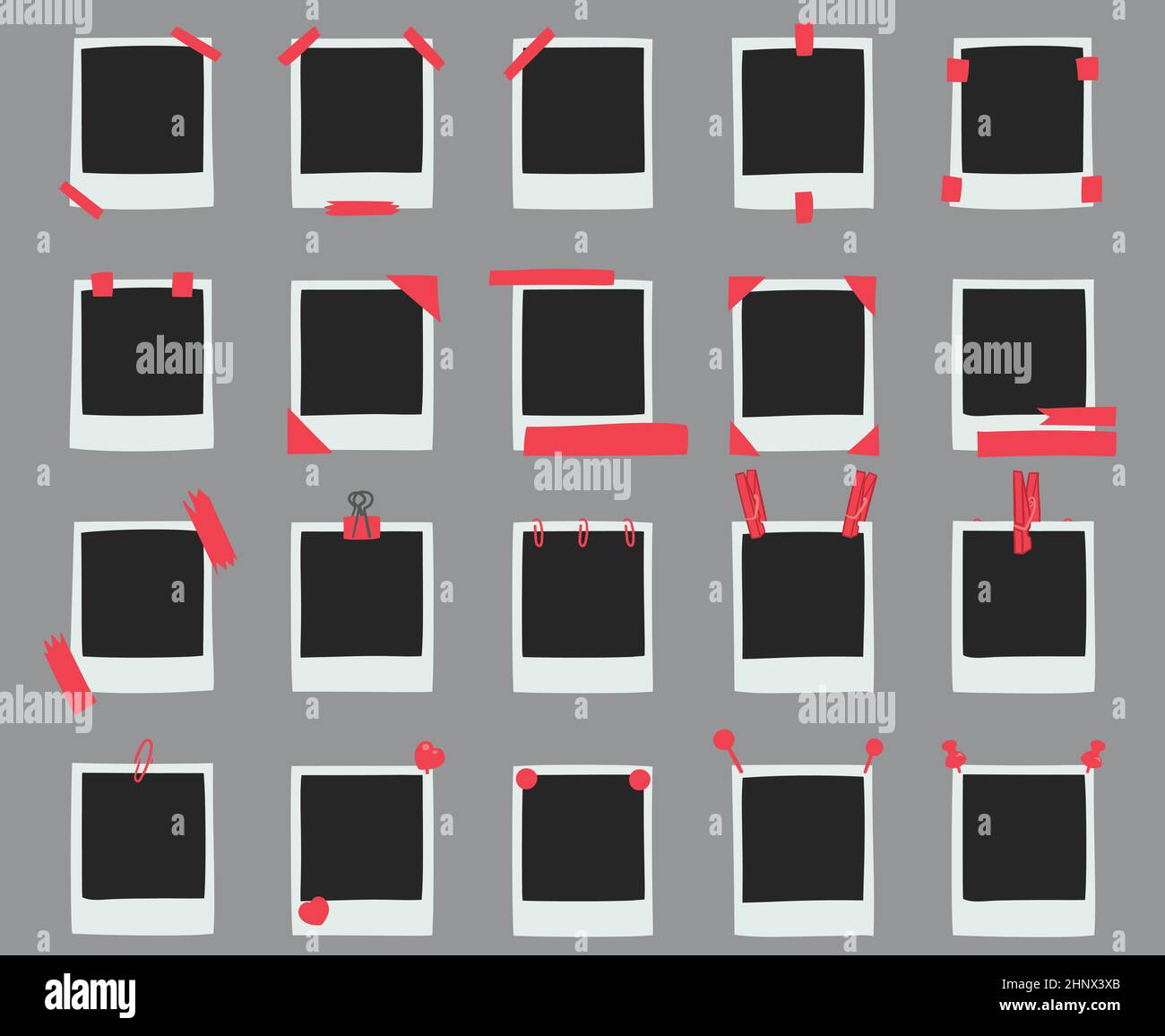 Set di telai polaroidi colorati piatti disegnati a mano e fissati con perni e nastri su sfondo grigio. Illustrazione Vettoriale