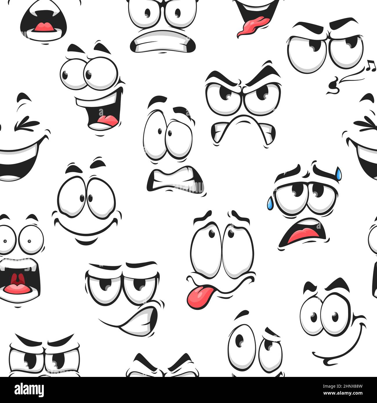 I volti dei cartoni animati e le emoji con diverse espressioni facciali motivo senza giunture. Sfondo vettoriale di fumetti emoticon personaggi con felice, divertente, arrabbiato a. Illustrazione Vettoriale