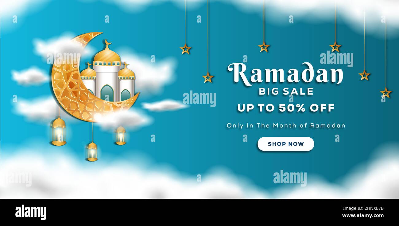 ramadan grande vendita bandiera con moschea realistica sulla luna e le nuvole Illustrazione Vettoriale