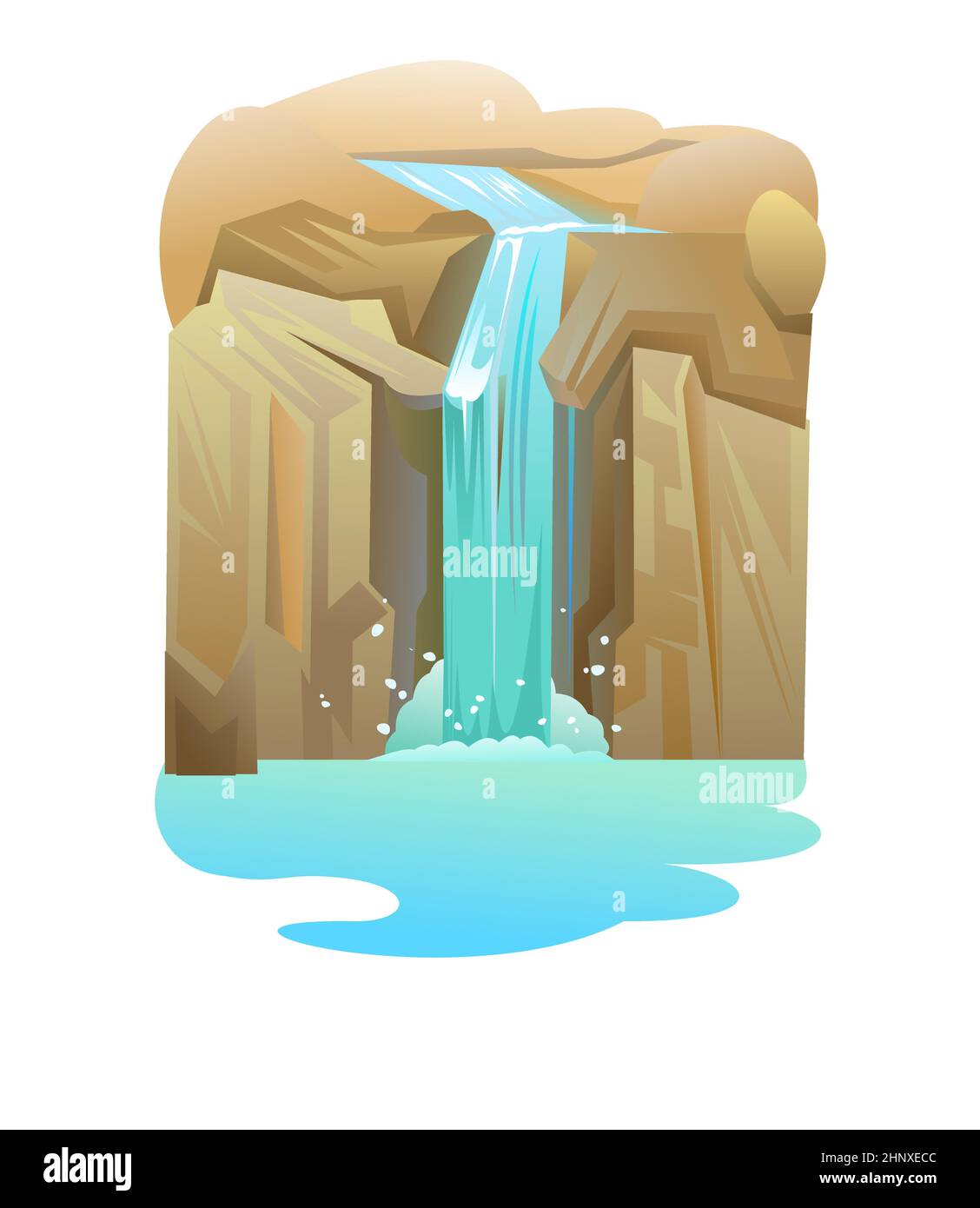 Cascata tra le rocce. Stile cartoon cool. La cascata fruscii verso il basso. Flusso d'acqua. Oggetto isolato su sfondo bianco. Vettore. Illustrazione Vettoriale