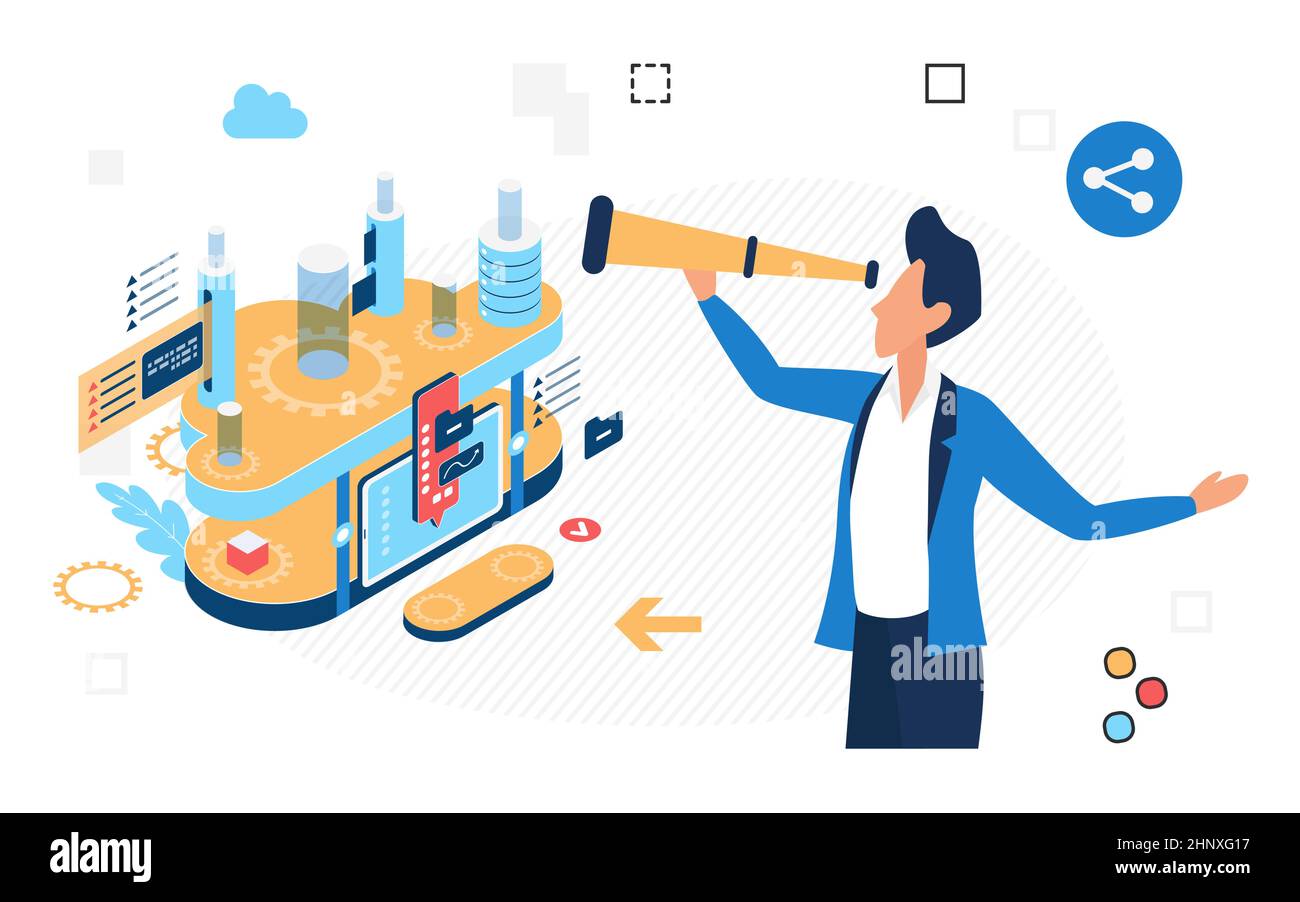 Analisi e monitoraggio dei server della tecnologia di cloud computing. Piattaforma di rete online software basata su cloud Illustrazione Vettoriale