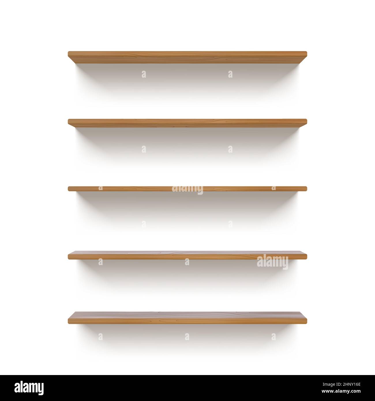 Realistiche 3D mensole in legno vuote per l'esposizione di libri. Scaffale mockup con texture in legno. Modello vettoriale per la vista frontale delle scaffalature del mercato della spesa. Vendita al dettaglio Illustrazione Vettoriale