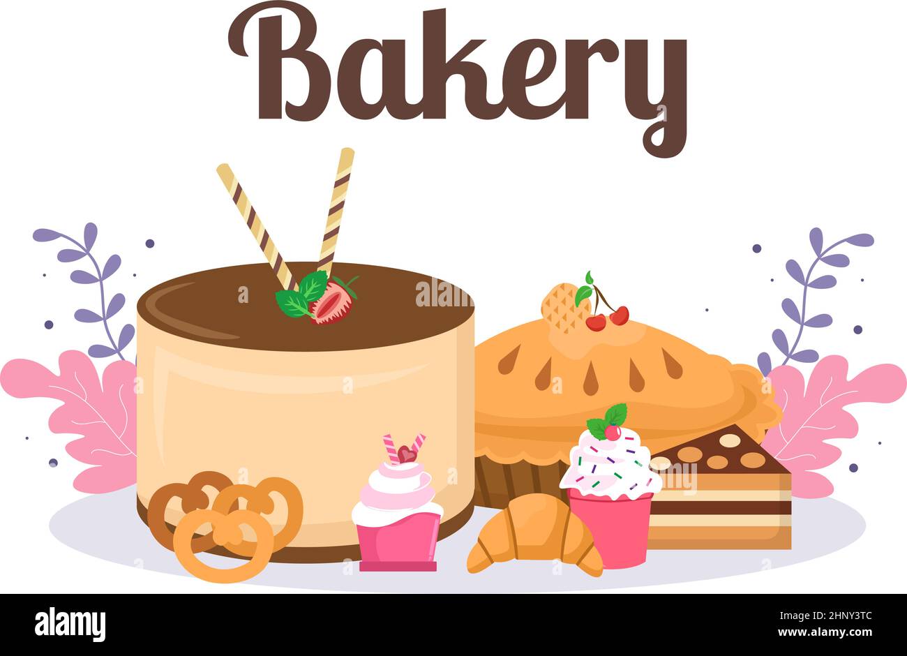 Negozio di panetteria che vende vari tipi di pane come pane bianco, Pasticceria e altri tutti cotti in Flat background per Poster Illustration Illustrazione Vettoriale