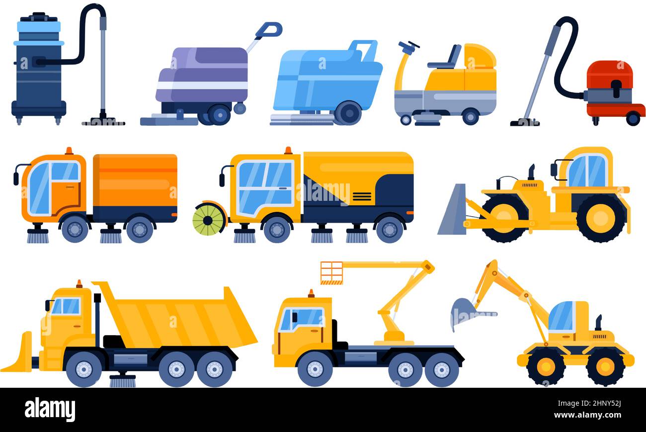 Attrezzature per la pulizia della strada, aspiratori, spazzatrici e lavatrici. Veicolo per la pulizia dell'asfalto stradale. Set vettoriale per il servizio di pulizia municipale. Trasporto o Illustrazione Vettoriale