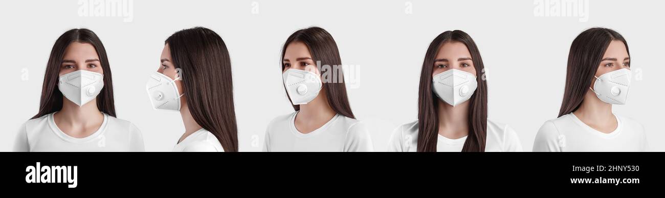 Mockup di una maschera bianca con filtro meccanico, FFP3 su un infermiere, isolato su sfondo. Set di una maschera chirurgica su una ragazza, spazio per il design, stampa, p Foto Stock