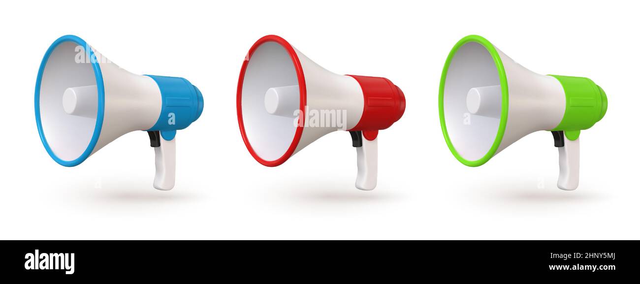 3d megafone rosso, blu e verde realistici, icone altoparlanti. Altoparlante voce pubblico per parlare, emergenza o annuncio. Set vettore Bullhorn. Attrezzatura Illustrazione Vettoriale