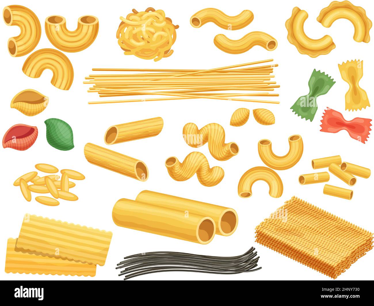 Pasta di grano cartoon, tagliatelle, fettuccine e spaghetti neri. Cucina italiana pasta alimentare, conchiglie, spirale, pennino tipo vettore set. Assortme Illustrazione Vettoriale