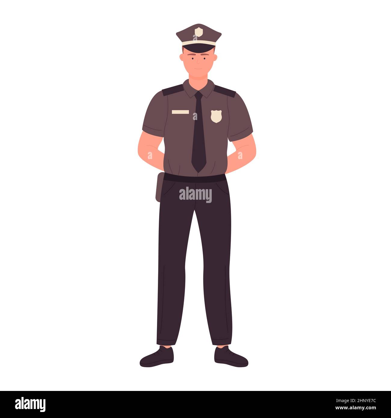 Poliziotto in piedi con le braccia incrociate dietro la schiena. Ufficiale di polizia maschile che indossa un cartoon uniforme di lavoro illustrazione vettoriale Illustrazione Vettoriale