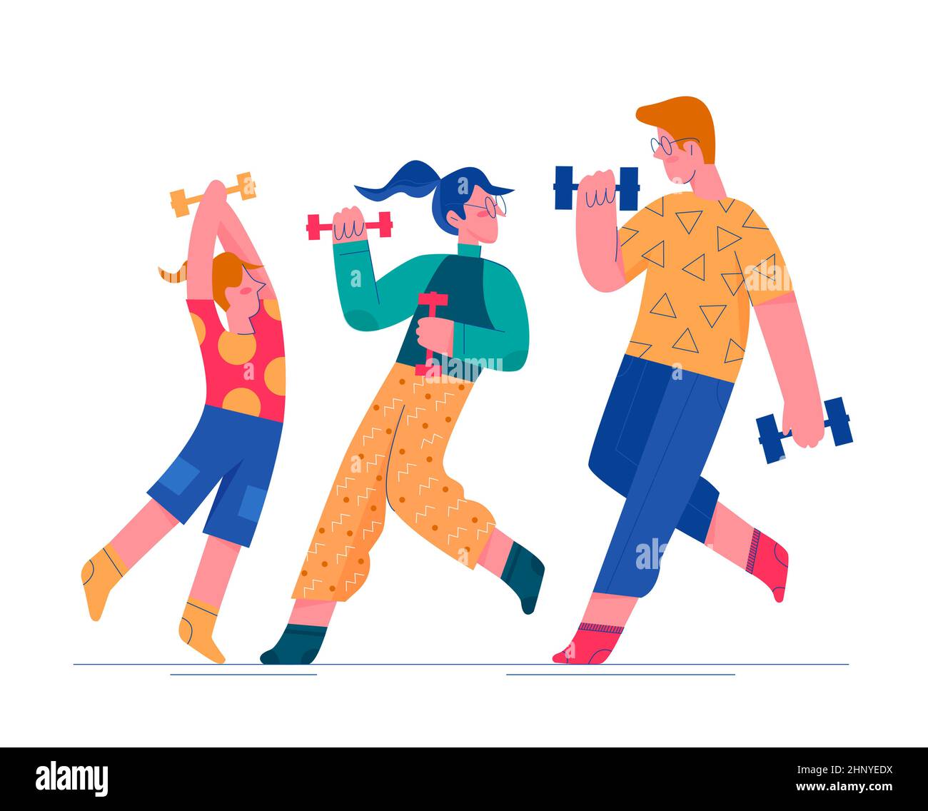 Buona formazione attiva di famiglia con i dumbbells. Attività fisica quotidiana sana abitudine cartoon illustrazione vettoriale Illustrazione Vettoriale