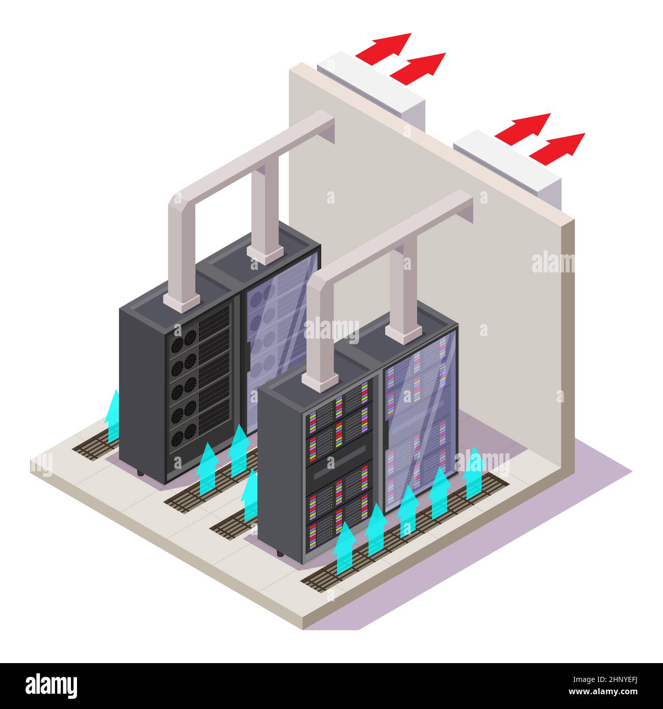 Apparecchiatura per il condizionamento dell'aria del data center, illustrazione isometrica vettoriale. Sistema di raffreddamento della sala server. Illustrazione Vettoriale