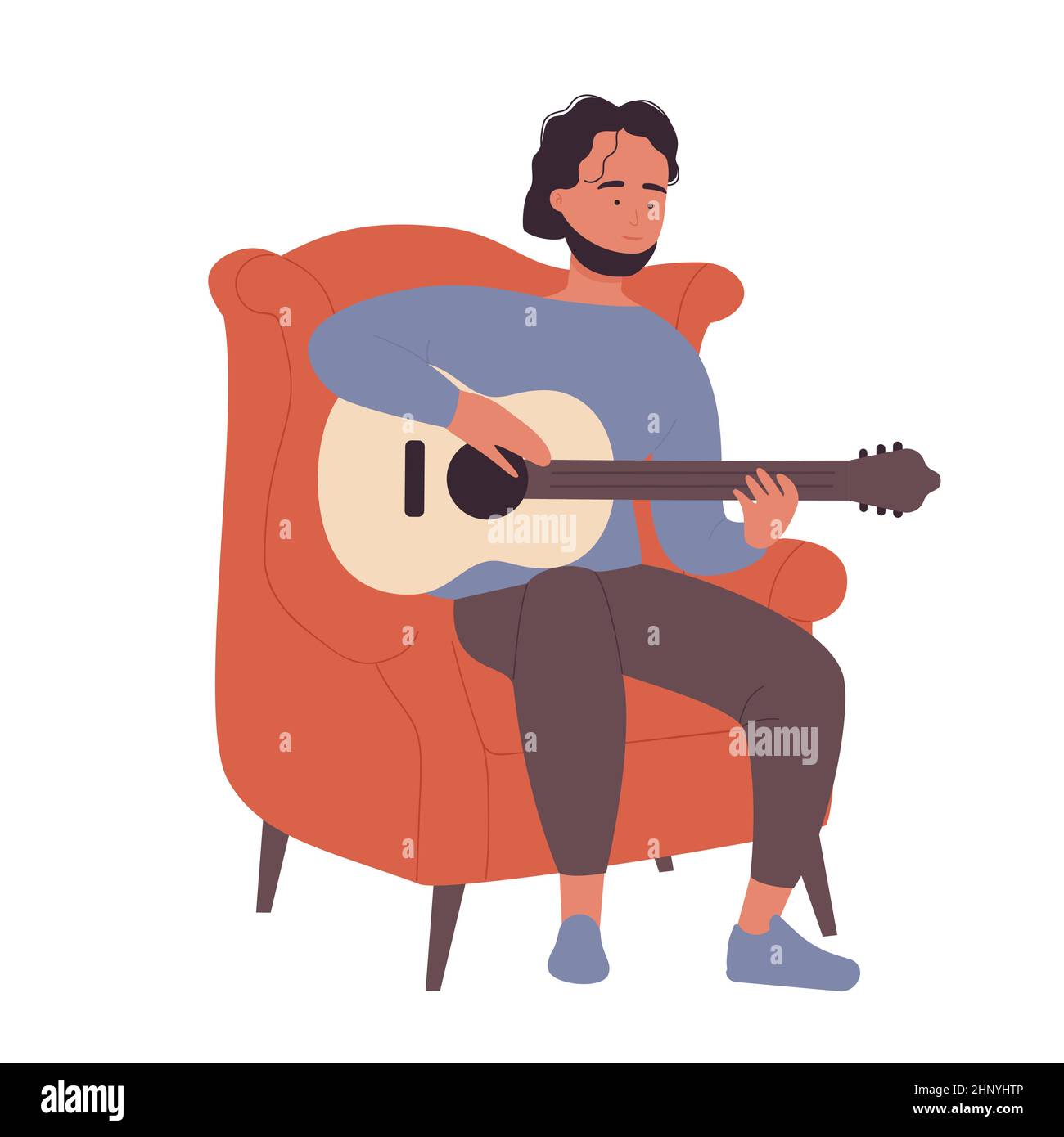Ragazzo hipster seduto in poltrona e suonando la chitarra. Chitarrista acustico che trascorre tempo libero cartoon illustrazione vettoriale Illustrazione Vettoriale