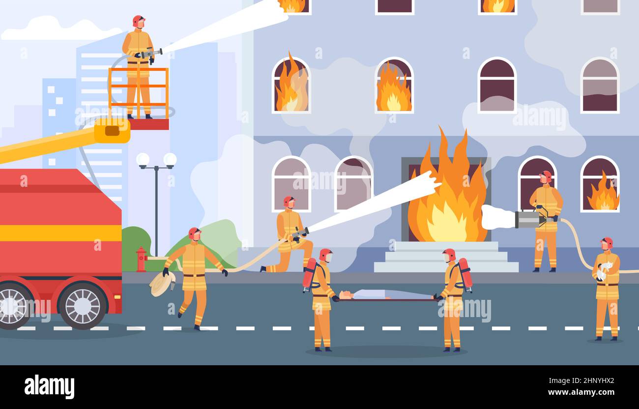 La squadra antincendio estinguerà gli edifici in fiamme e le persone di soccorso. Pompiere con tubo dell'acqua per far uscire la fiamma. Concetto di vettore di emergenza incendio piatto. Illustrazione Illustrazione Vettoriale