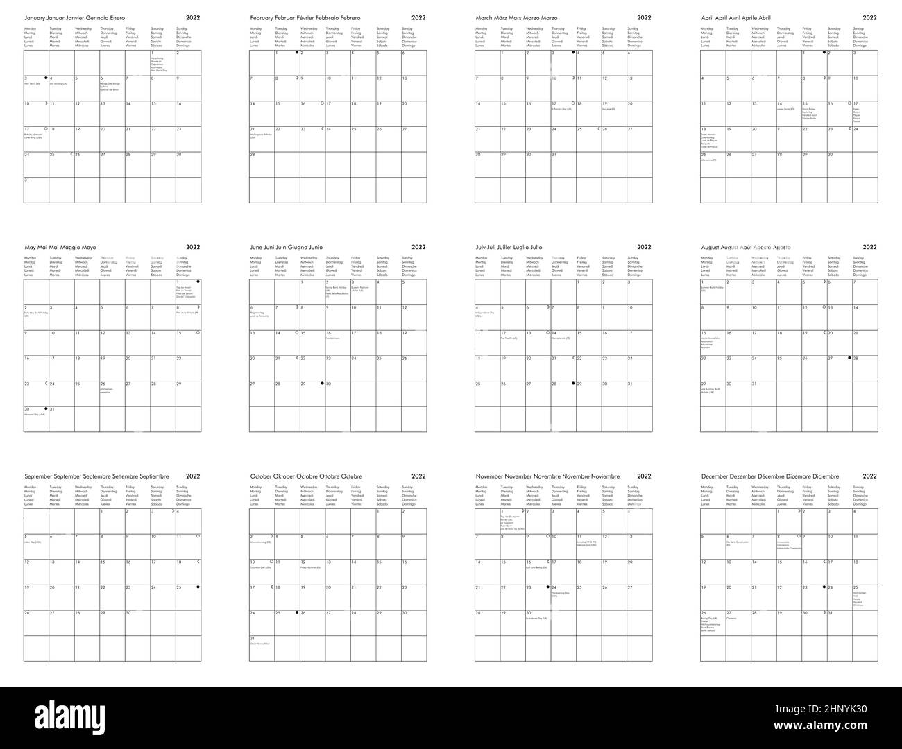 Calendario internazionale dell'anno 22 con giorni festivi e festivi per il Regno Unito USA Germania Francia Italia Spagna Foto stock - Alamy