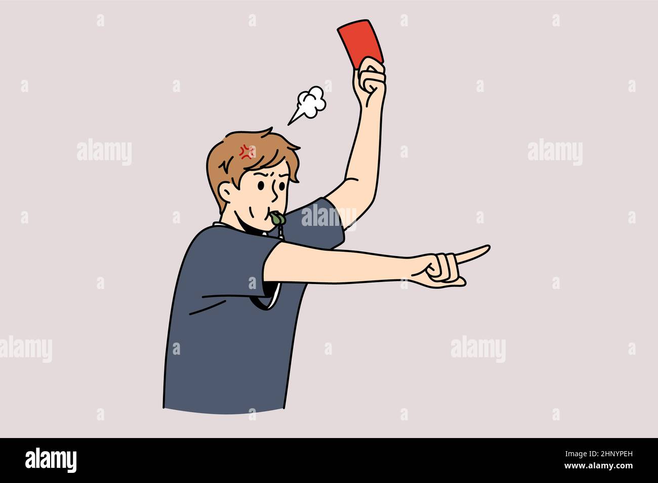 Giudice di calcio e regole concetto di calcio. Giovane uomo giudice di calcio in piedi e mostrando carta rossa al giocatore fischio durante il gioco vettore illustrazione Foto Stock