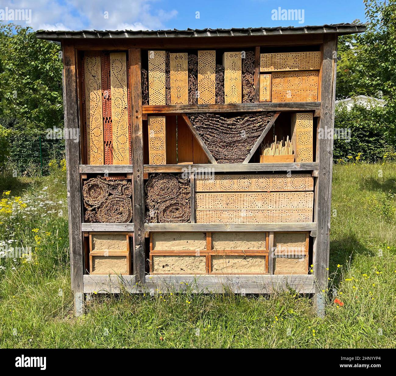 Gli insetto hotel servono insetti, specialmente api selvatiche, come un rifugio e terreno di allevamento. Foto Stock