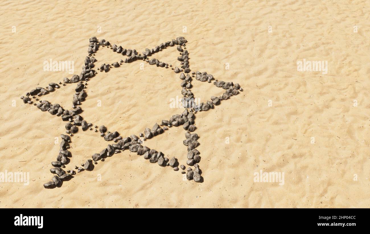 Concept pietre concettuali sulla spiaggia sabbia forma simbolo fatta a mano, sfondo di sabbia dorata, religioso ebraico David star. 3D metafora di illustrazione per Juda Foto Stock