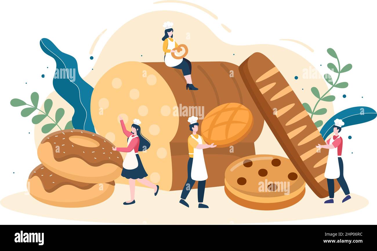 Negozio di panetteria che vende vari tipi di pane come pane bianco, Pasticceria e altri tutti cotti in Flat background per Poster Illustration Illustrazione Vettoriale