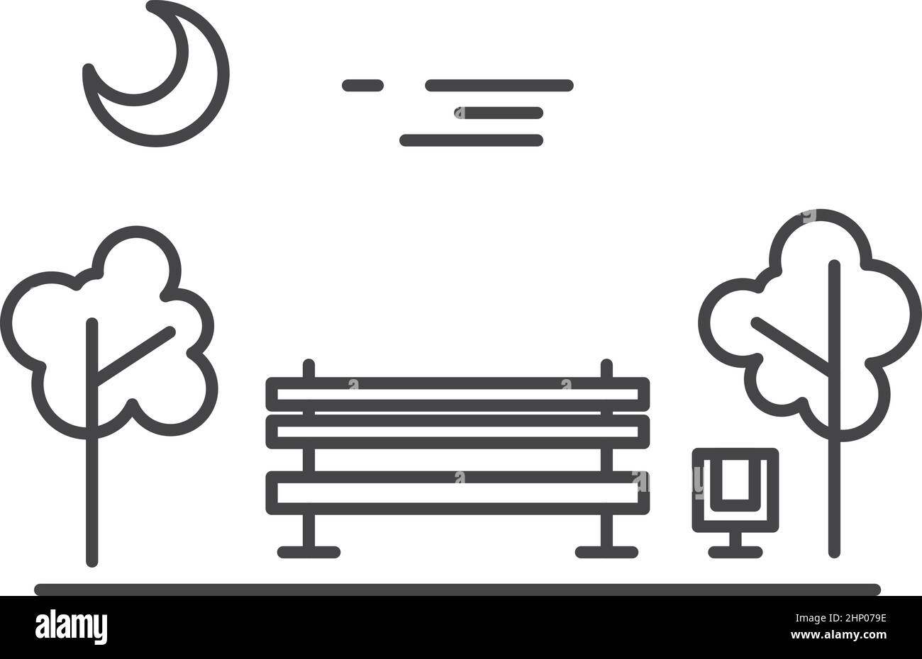 Parco notturno paesaggio in stile lineare. Panca di legno tra gli alberi Illustrazione Vettoriale